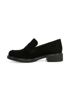Mocassino in suede nero con punta arrotondata, caratterizzato da un fiocco decorativo sulla parte frontale e una suola in gomma testurizzata con tacco basso a blocco.