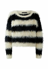 Faux fur trui met zwarte en crèmekleurige horizontale strepen. Beschikt over een brede halslijn en lange mouwen. Zachte, gestructureerde stof is ongeveer cropped.