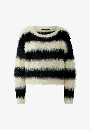 Faux fur sweater with black and cream horizontal stripes. Features a wide neckline and long sleeves. Soft, textured fabric is approximately cropped.