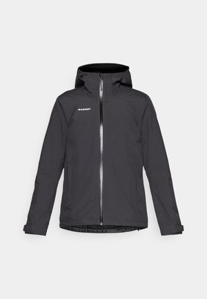 Black waterproof jacket with a hood, front zipper, and two side pockets. Features a smooth texture and adjustable cuffs. Brand logo on the chest.