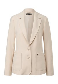 Blazer beige su misura con due tasche frontali, rever a punta e chiusura con bottone singolo. Tessuto liscio con leggero lucido.