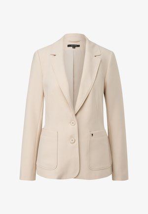 Beige tailored blazer with two front pockets, notch lapels, and single-breasted button closure. Smooth fabric with slight sheen.