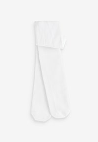Bílé ponožky do půli stehna vyrobené z hladkého, elastického materiálu s vykrojeným lemem. Obsahují bezšvový design špičky pro větší pohodlí.