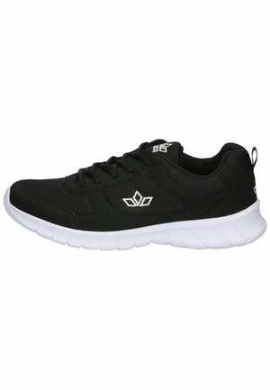 Black athletic shoe made of textured fabric with white sole, featuring round toe, lace-up front, and logo detail on the side.