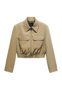 Gekürzte Jacke aus braunem Stoff, mit einem Reißverschluss vorne, zwei Brusttaschen und elastischem Bund. Glatte Textur mit strukturiertem Kragen.