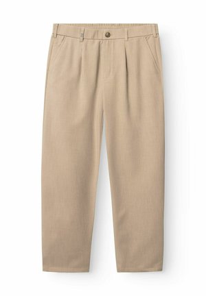 Bēšas ikdienas bikses ar jostas cilpām, pogas aizdari, sānu kabatām un vaļīgu piegriezumu.