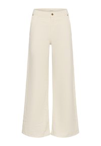Pantalon à jambes larges de couleur beige clair, fabriqué en tissu doux. Doté d'une fermeture à boutons sur le devant et de deux poches latérales. Texture lisse.
