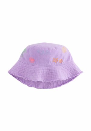Light purple bucket hat with embroidered sun, waves, stars, flower, and palm tree designs along the brim.