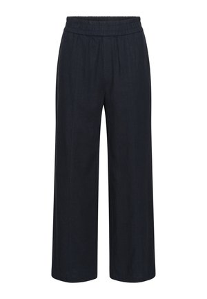Dark blue wide-leg pants with an elastic waistband. Made from lightweight fabric, featuring a smooth texture and tailored design.