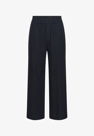 Dunkelblaue, weit geschnittene Hose mit elastischem Bund. Hergestellt aus leichtem Stoff, mit einer glatten Textur und tailliertem Design.