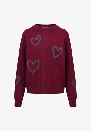 Bordeauxfarbener Pullover mit Rundhals, der fuzzy graue Herzmuster aufweist. Hergestellt aus einem weichen Strickmaterial, mit einer lässigen Passform und gerippten Bündchen.