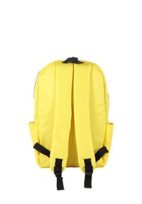 Yellow backpack made of fabric with padded shoulder straps, a top handle, side pockets, and a simple yet rounded shape.