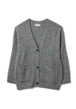 Gray knitted cardigan with a V-neck, two front pockets, and dark buttons. The texture is ribbed, creating a cozy appearance.