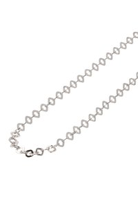 Srebrny naszyjnik łańcuszkowy z przeplatającymi się kształtami geometrycznymi, głównie heksagonami i trójkątami, o polerowanej metalicznej powierzchni.