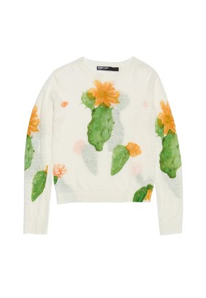 Pull blanc avec un imprimé de cactus et floral, comprenant des feuilles vertes et des fleurs orange, fabriqué à partir d'un matériau doux et léger. Conception à col rond.