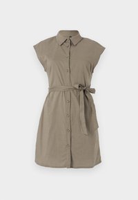 Abito in lino khaki con maniche corte, chiusura a bottoni e cintura in vita. Presenta un colletto e una silhouette rilassata, offrendo una texture morbida.