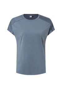 Short-sleeve athletic t-shirt in muted blue with darker mesh shoulder panels and a round neckline.