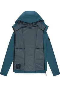 Teal vandtæt jakke med hætte, to indvendige lommer og en glat grå foring. Har sort kant langs lynlås og kanter.