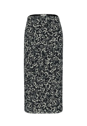 Gonna a matita di media lunghezza in blu navy con un motivo astratto color crema. Realizzata in tessuto leggero, presenta una silhouette aderente e senza vita.