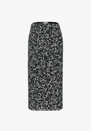 Mid-length pencil skirt in navy blue with a cream abstract pattern. Made of lightweight fabric, featuring a fitted silhouette and no waistband.