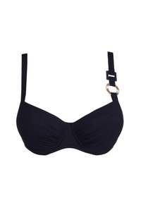 Zwart gewatteerd bikinitopje met verstelbare bandjes, voorzien van een gouden ring en zwarte gesp details op de rechter schouderband.