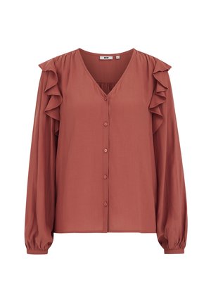 Blusa color ruggine con scollo a V, bottoni sul davanti e maniche arricciate. Realizzata in tessuto liscio con maniche lunghe e ampie.