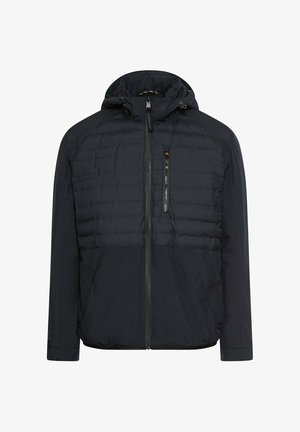 Donkere geïsoleerde jas met capuchon, met een doorgestikt bovenstuk, een borstzak met rits, elastische manchetten en een lichtgewicht ontwerp.