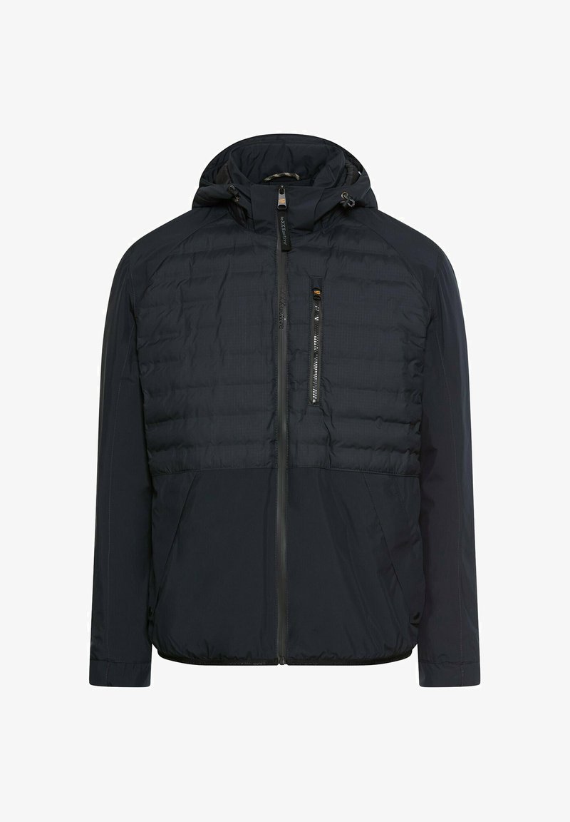 Mørk isoleret jakke med hætte, der har en quiltet øverste sektion, lynlåslomme på brystet, elastiske manchetter og et let design.