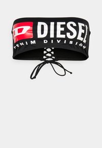 Černý top bez ramínek s velkým bílým logem "DIESEL" a červeným akcentem, s šněrováním na zádech a hladkou, lesklou texturou.