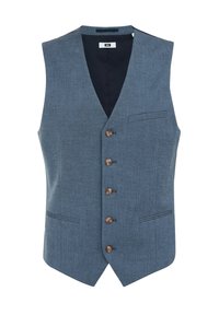 Chaleco azul de espiga para hombre, diseño sin mangas, cinco botones marrones, dos bolsillos frontales y un forro interior más oscuro.