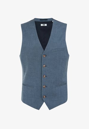 Meeste sinine herringbone-vest, varrukateta disain, viis pruuni nuppu, kaks esitetaskut ja tumedam vooder.