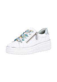 Sneaker in finta pelle bianca con suola platform, dettagli di lacci con motivo blu e giallo, e accento con cerniera argentata sul lato.