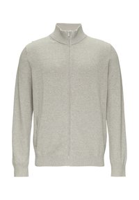 Helles graues Zip-Pullover mit hohem Kragen, langen Ärmeln und gerippten Bündchen und Saum. Aus weichem, gestricktem Stoff gefertigt. Keine Muster oder Akzente.