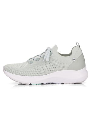 Light gray athletic shoes with a breathable mesh upper, textured surface, flat laces, and a thick white sole with a subtle mint accent.