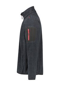 Fleece jacket in dark gray with textured fabric, stand collar, and left shoulder zippered pocket in contrasting black and red accents.