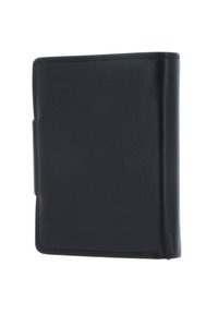 Black leather wallet with a smooth texture, rectangular shape, and stitched edges. Features a side flap for closure.