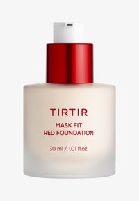 TIRTIR Mask Fit Rote Foundation in einer frosted Glasflasche mit einer roten metallischen Pumpe, etikettiert mit 30 ml/1,01 fl. oz., glatte Textur.