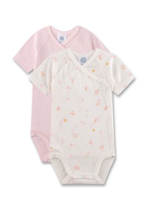 Zwei kurzärmlige Bodysuits: ein einfarbiger in Rosa und ein cremefarbener mit floralem Muster. Hergestellt aus weichem Stoff, mit Druckknopfverschlüssen und Wickeldesign.