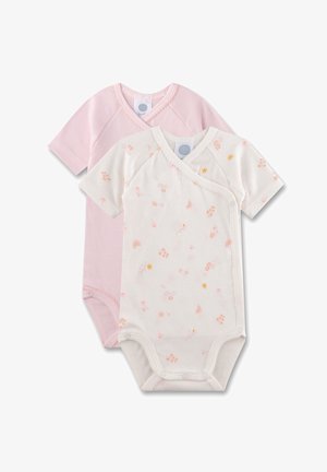 Zwei kurzärmlige Bodysuits: ein einfarbiger in Rosa und ein cremefarbener mit floralem Muster. Hergestellt aus weichem Stoff, mit Druckknopfverschlüssen und Wickeldesign.