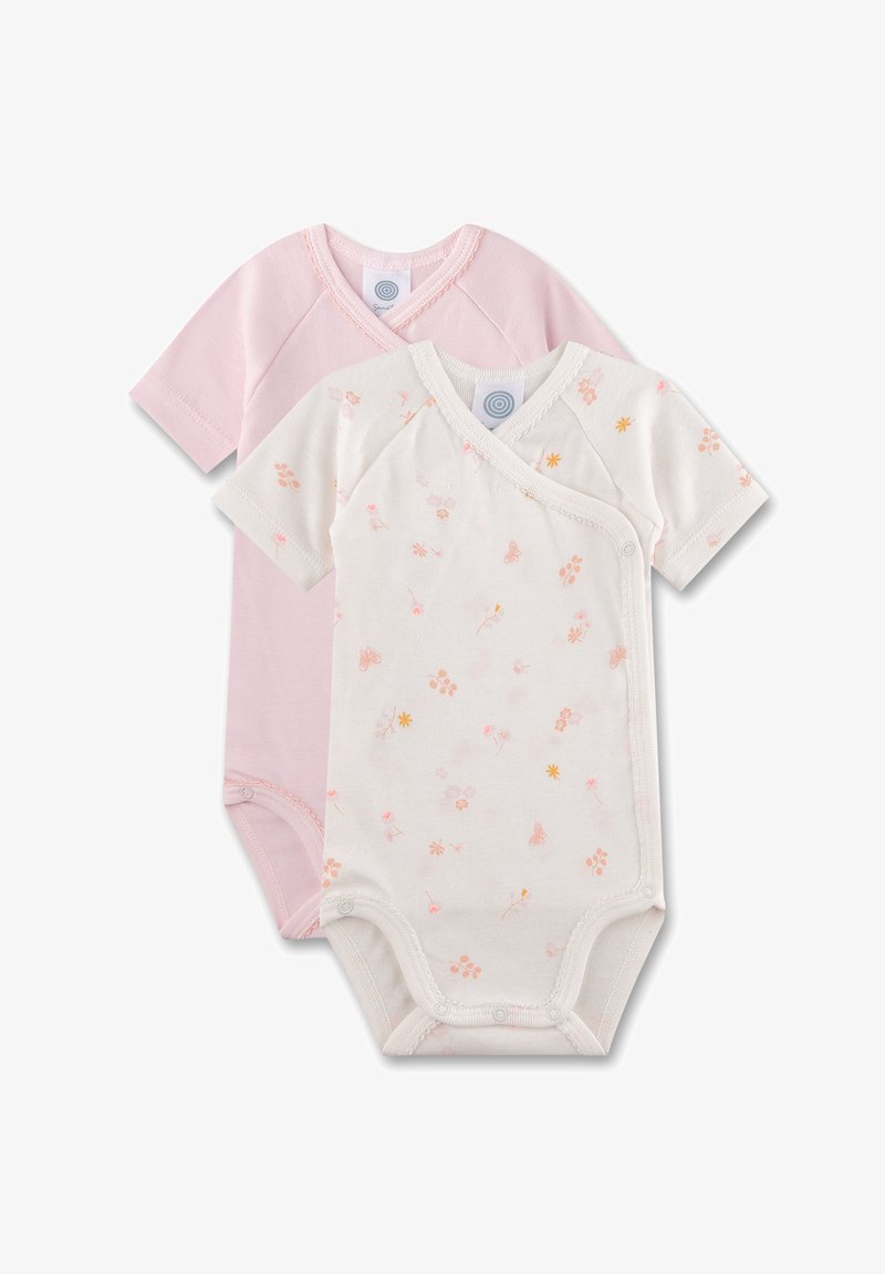 Zwei kurzärmlige Bodysuits: ein einfarbiger in Rosa und ein cremefarbener mit floralem Muster. Hergestellt aus weichem Stoff, mit Druckknopfverschlüssen und Wickeldesign.