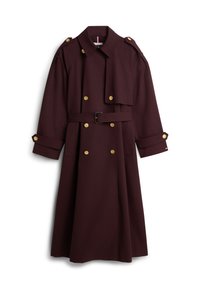 Μπουφάν τρεντς μπορντό με χρυσά κουμπιά, διπλό στήθος, ζώνη στη μέση, επιβραβεύσεις στους ώμους και μακριά μανίκια. Λείο ύφασμα.