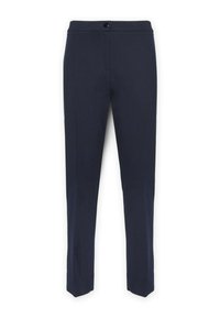 Pantalones de vestir azul marino hechos de tejido tejido, con corte recto, trabillas para el cinturón y un cierre de botón único en la cintura.