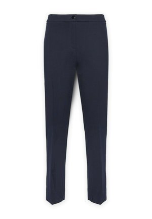 Marineblauwe broek gemaakt van geweven stof, met een rechte snit, riemlussen en een enkele knoopsluiting in de taille.