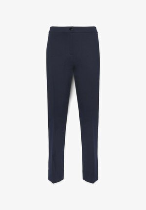 Pantaloni da dress blu navy realizzati in tessuto intrecciato, caratterizzati da una vestibilità dritta, passanti per cintura e una chiusura con un solo bottone in vita.