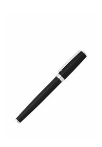 Stylo plume noir avec clip et garniture en argent, bouché, présenté sur fond blanc.