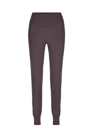Pantaloni sportivi grigi scuri realizzati in un tessuto morbido ed elasticizzato. Presentano una vita alta, gambe affusolate e polsini aderenti alle caviglie.