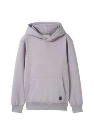 Hoodie violet clair en tissu doux avec une poche avant, des poignets côtelés et une capuche à cordon. Étiquette noire sur l'ourlet.