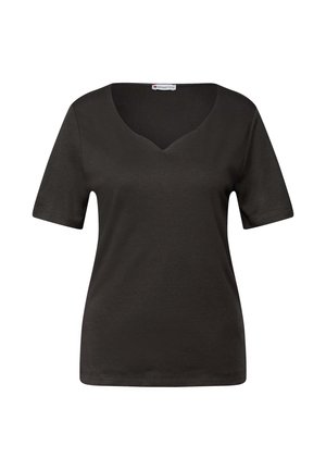 Zwarte T-shirt met korte mouwen en V-hals, gemaakt van zachte, lichte stof. Beschikt over een gladde textuur en een eenvoudige silhouet.