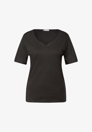 Schwarzes T-Shirt mit kurzen Ärmeln und V-Ausschnitt, aus weichem, leichtem Stoff hergestellt. Verfügt über eine glatte Textur und eine schlichte Silhouette.