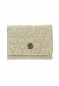 Portefeuille en cuir beige avec un motif ovale embossé, fermeture à rabat, et un petit emblème métallique sur le devant. Texture lisse et forme compacte.